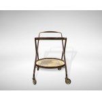 Vintage cart, Wood and brass bar trolley with glass shelves. The glass base features a lithograph.