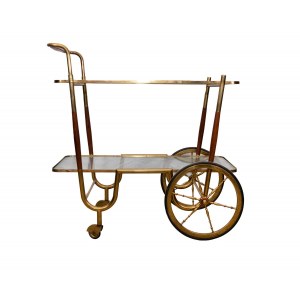 Serving Cart, Brass bar cart with glass shelves.