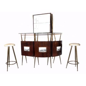Vintage Italian Dry Bar, This beautiful bar cabinet consists of one high wall-console, one  curved serving cabinet, and two brass stools with white moleskin  seats. Shelves and counter top realized in glass. The front of the cabinet is embellished by thre