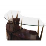 Vintage Italian Dry Bar, This beautiful bar cabinet consists of one high wall-console, one  curved serving cabinet, and two brass stools with white moleskin  seats. Shelves and counter top realized in glass. The front of the cabinet is embellished by thre