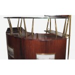 Vintage Italian Dry Bar, This beautiful bar cabinet consists of one high wall-console, one  curved serving cabinet, and two brass stools with white moleskin  seats. Shelves and counter top realized in glass. The front of the cabinet is embellished by thre