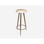 Vintage Italian Dry Bar, This beautiful bar cabinet consists of one high wall-console, one  curved serving cabinet, and two brass stools with white moleskin  seats. Shelves and counter top realized in glass. The front of the cabinet is embellished by thre