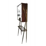 Vintage Italian Dry Bar, This beautiful bar cabinet consists of one high wall-console, one  curved serving cabinet, and two brass stools with white moleskin  seats. Shelves and counter top realized in glass. The front of the cabinet is embellished by thre