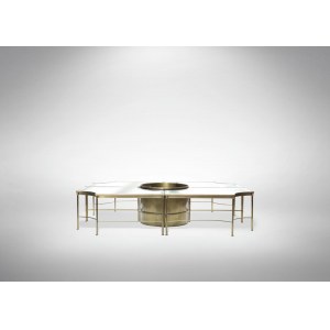 Vintage table, A brass and Crystal table with 4 modular tables with central centerpiece for flowerpot attr. to Maison Jansen.