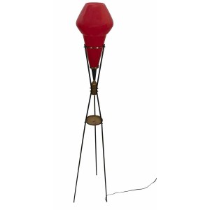 Vintage red floor lamp, Red glass lampshade, metal, brass and round shape marble base. Attr. to Vistosi manufacture.