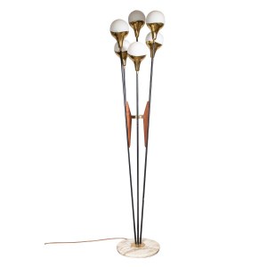 Vintage Alberello Stilnovo Floor Lamp, Floor lamp iconic model Alberello with six diffusers in shaded white opaline brass supports Carrara marble base.