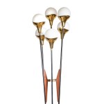 Vintage Alberello Stilnovo Floor Lamp, Floor lamp iconic model Alberello with six diffusers in shaded white opaline brass supports Carrara marble base.