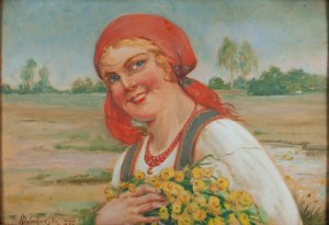 Kasper Żelechowski (1863 Klecza Dolna - 1942 Kraków), Dziewczyna w czerwonej chuście z kaczeńcami