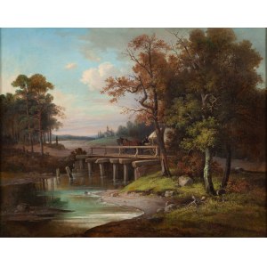 Franciszek Ruśkiewicz (1819 Warsaw - 1883 Warsaw), Landscape with bridge crossing and view of church , 1863