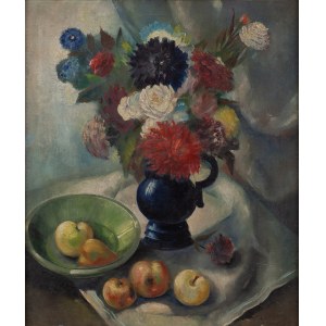 Waclaw Piotrowski (1887 - 1967 ), Still life with a bouquet of flowers and fruit, 1934