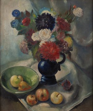Wacław Piotrowski (1887 - 1967 ), Martwa natura z bukietem kwiatów i owocami, 1934