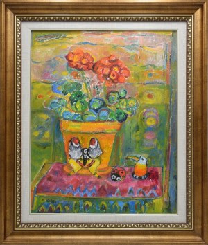 Judyta SOBEL (1924-2012), Martwa natura z kwiatem i zabawkami