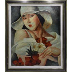 Artysta nieokreślony, Kobieta z bukietem kwiatów á la lata 30. XX w.