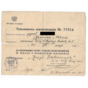 Tymczasowe zaświadczenie do orderu Krzyża Walecznych Nr 17918