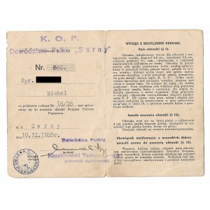 Legitymacja do Odznaki Korpusu Ochrony Pogranicza, Dowództwo Pułku SARNY