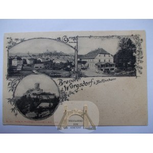 Wierzchosławice pri Bolkówe, hrad, pivovar, panoráma, okolo roku 1902