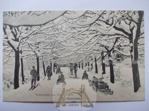 Karpacz, Krummhubel, street in winter, sleigh, skis, collage, ca. 1910