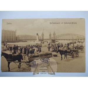 Szczecin, Stettin, nabrzeże, wozy z towarem, ok. 1912