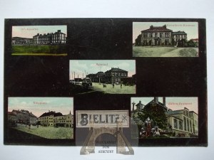 Bielsko-Biala, Bielitz, 5 views, railway station, joint-stock brewery, barracks, market, ca. 1913