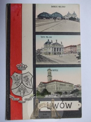 Lwów, 3 widoki, patriotyczna, dworzec, ratusz, herb wyd. L.P., ok. 1905