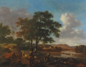 Jan WIJNANTS (1631/32 - 1684), Pejzaż z rzeką, grupą myśliwych i pasterzem owiec