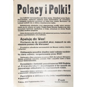 Polacy i Polki! Los ludności warszawskiej jest Wam znany... Apeluję do Was! Przyłączcie się do wszystkich akcyi... Frank. Generalny Gubernator