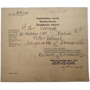 Testimonium mortis - świadectwo śmierci - Czeladź 1941