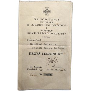 Dyplom nadania Krzyża Legionowego z podpisem Józefa Piłsudskiego - Warszawa 1927