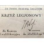 Dyplom nadania Krzyża Legionowego z podpisem Józefa Piłsudskiego - Warszawa 1927
