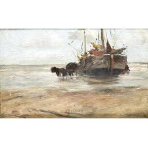 Unbekannter Künstler, 19. Jahrhundert, Beladung eines Schiffes bei Ebbe, 2. Hälfte des 19.