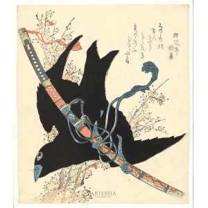 Katsushika Hokusai (1760-1849), podle, Havran letící s mečem Kogarasu-maru z rodu Minamoto, k. 19. století.