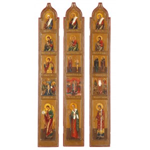 Trzy ikony z ikonostasu przenośnego z przedstawieniami świętych i scen z życia Chrystusa, Artysta nierozpoznany, Rosja, XIX w.