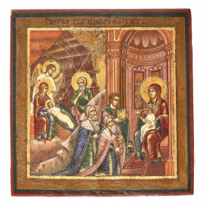 Künstler unerkannt, Russland, 19. Jahrhundert, Ikone - Geburt Christi und Anbetung der Heiligen Drei Könige, 19. Jahrhundert.