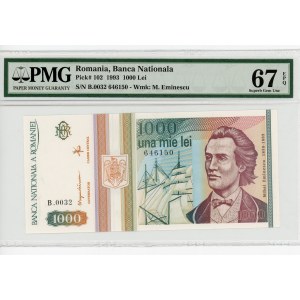 Romania 1000 Lei 1993 PMG 67EPQ Superb UNC