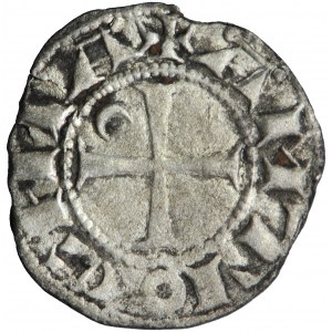 Outremer (Latinský východ, križiaci), Antiochijské kniežatstvo, Bohemund III (1163-1201), denár helma, muži. Antiochia