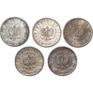 10 Zloty (1935-1937) Józef Piłsudski - Satz von 5 Münzen