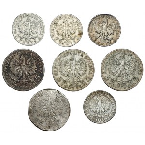 2 i 5 złotych (1932-1934) Głowa kobiety oraz Żaglowiec - zestaw 8 monet