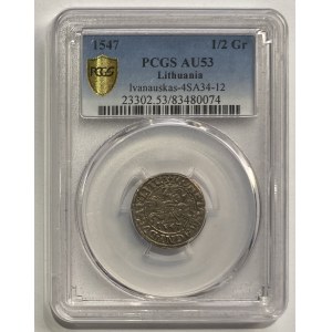 Žigmund II August (1548-1572) Polovičný groš Vilnius 1547 - LI/LITVA - PCGS AU53