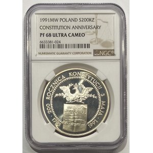 200 000 PLN 1991 - 200. výročie Ústavy 3. mája - NGC PF 68 ULTRA CAMEO