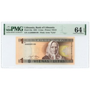 LITHUANIA - 1 litu 1994 - series AAH 0000108 low numbering - PMG 64 EPQ