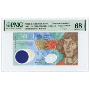 20 złotych 2022 Mikołaj Kopernik - banknot polimerowy - niska numeracja 0000475 - PMG 68 EPQ