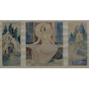 A.N., Triptychon - Frau mit Perlenkette, Grotte am See und Schwan