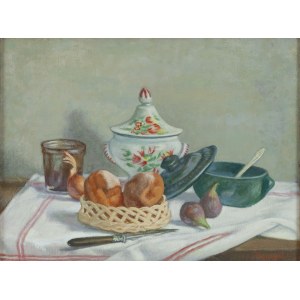 Jakub Markiel (1911 Łódź - 2008 Łódź), Still life with figs, buns and vase, 1986-87