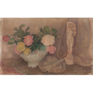 Julia Giżycka-Berezowska (1880 - 1976), Stillleben mit Rosenstrauß und Figurine