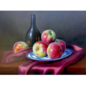 Wojciech Piekarski, Still life with apples and a bottle