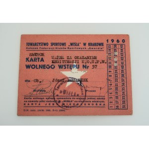TOWARZYSTWO SPORTOWE WISŁA W KRAKOWIE. Karta wolnego wstępu Nr 57. 1960.