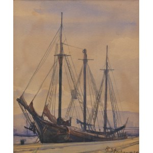 Künstler unbestimmt (19./20. Jahrhundert), Segelschiff im Hafen, 1934