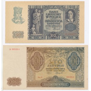 GG, 20 złotych 1940 i 100 złotych 1941. Razem 2 szt. (351)