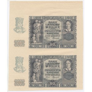 GG, 20 Zloty 1940, ohne Serie und Zähler, Blattfragment unbeschnitten 2 Exemplare (255)