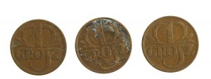 II RP, zestaw 1 grosz 1933. Razem 3 szt. (979)
